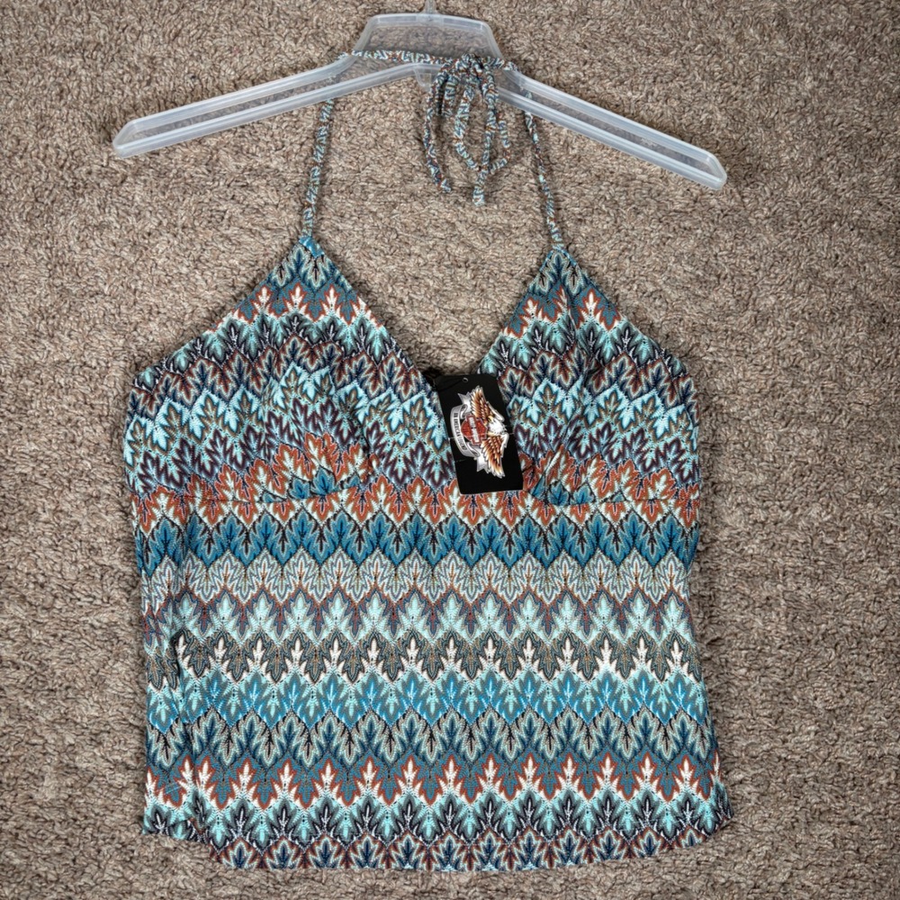 Harley-Davidson Teal Blue Orange Brown Patterned Halter Tank Top
